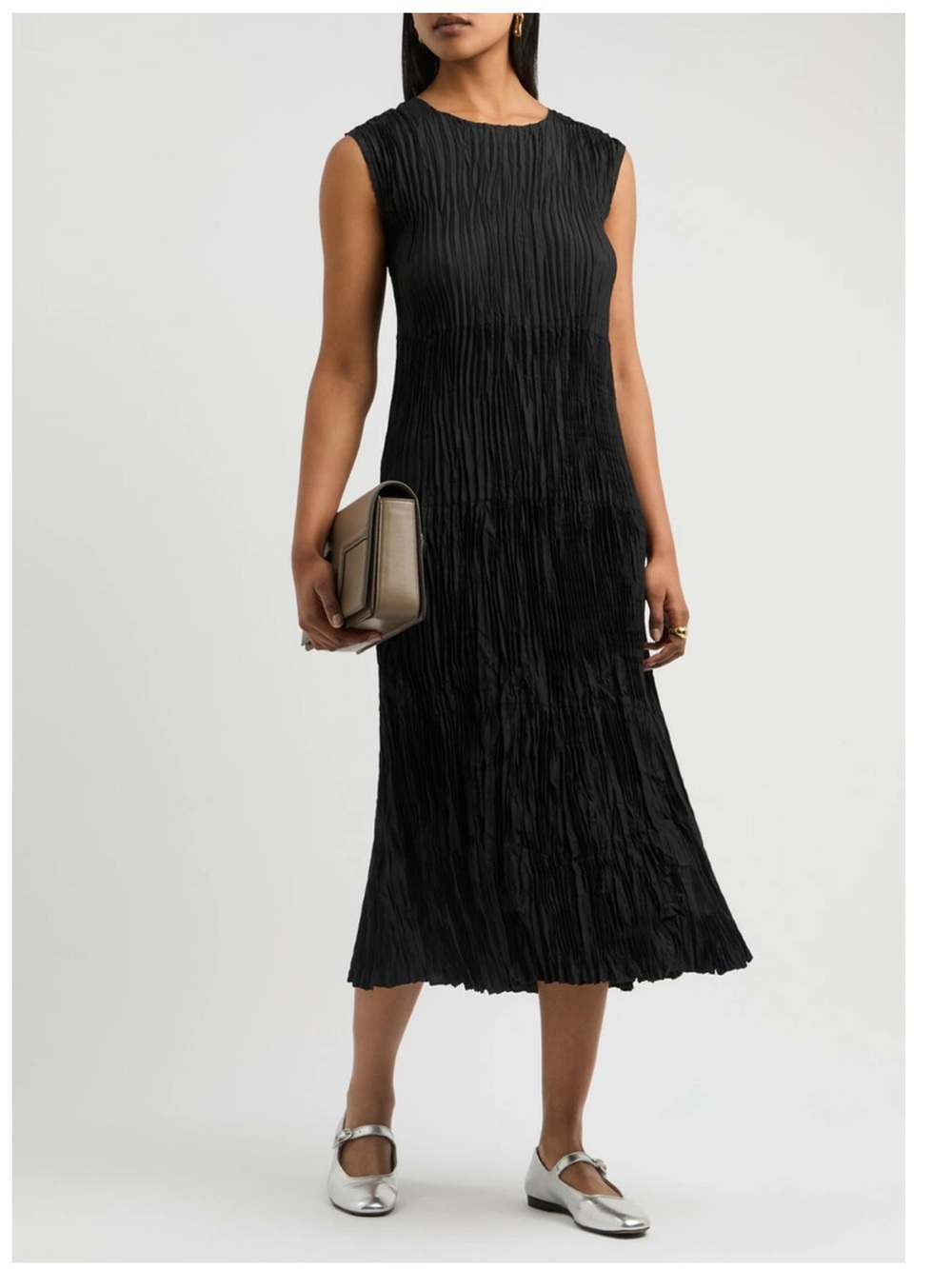 Eileen Fisher Jewel Plisse Silk Midi Dress in Black, Size 2X - Picture 2 of 13